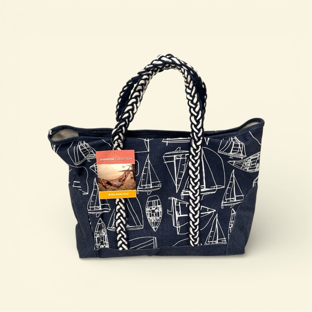 Stylish Blue and White Tote Bag with Nautical Designs